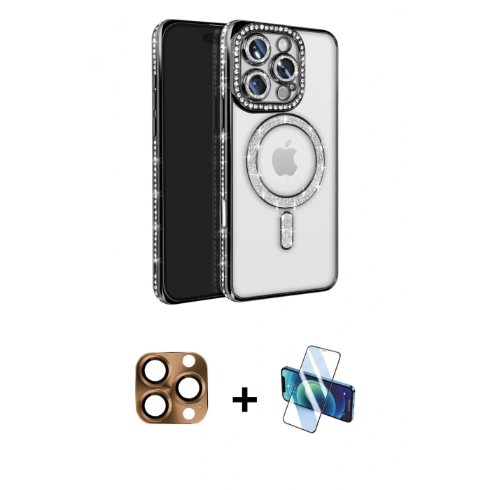MARSİLYAN™- iPhone 16 Pro Max Kılıf Zirve Doku Prime - Siyah 3D Antistatik Cam Ekran Koruyucu + Pers Alüminyum Kamera Lens - CLTM
