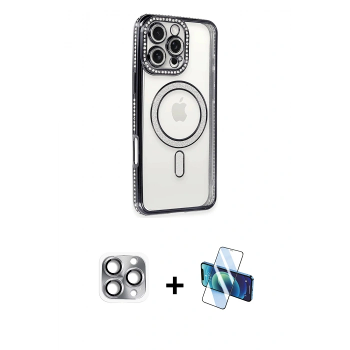 MARSİLYAN™- iPhone 16 Pro Max Kılıf Zirve Doku Prime - Siyah 3D Antistatik Cam Ekran Koruyucu + Pers Alüminyum Kamera Lens - GI