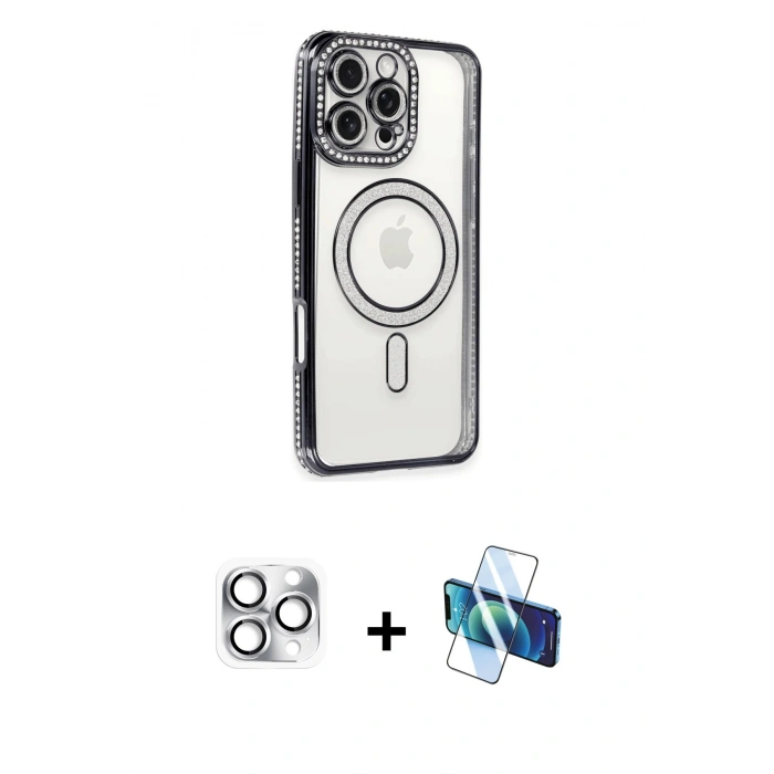 MARSİLYAN™- iPhone 16 Pro Max Kılıf Zirve Doku Prime - Siyah 3D Antistatik Cam Ekran Koruyucu + Pers Alüminyum Kamera Lens - GS