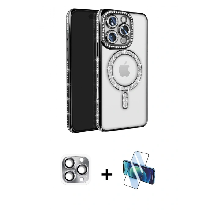 MARSİLYAN™- iPhone 16 Pro Max Kılıf Zirve Doku Prime - Siyah 3D Antistatik Cam Ekran Koruyucu + Pers Alüminyum Kamera Lens - GI