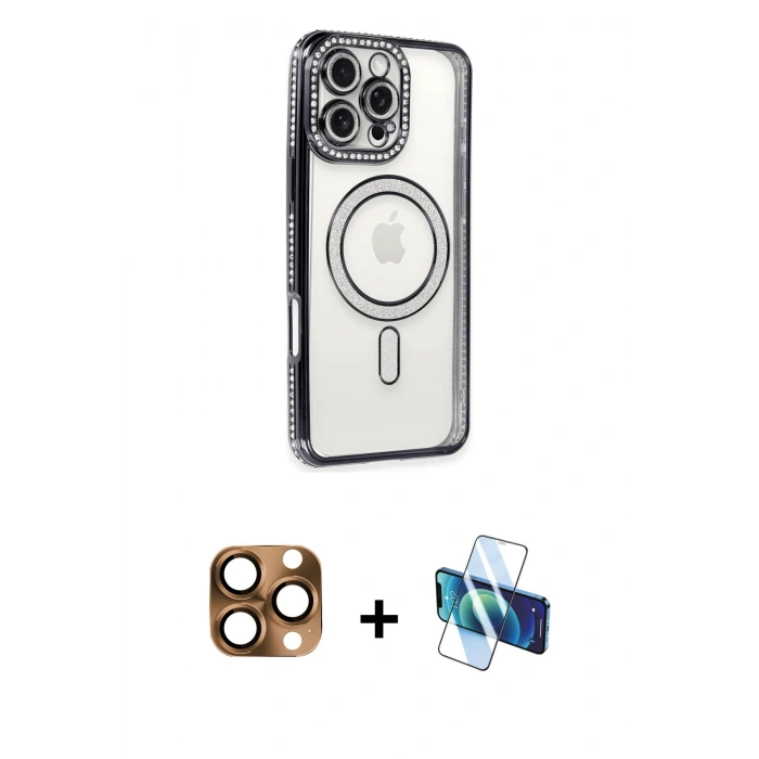 MARSİLYAN™- iPhone 16 Pro Max Kılıf Zirve Doku Prime - Siyah 3D Antistatik Cam Ekran Koruyucu + Pers Alüminyum Kamera Lens - CLTM