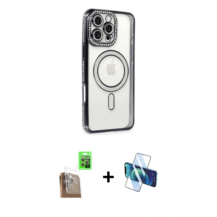MARSİLYAN™- iPhone 16 Pro Max Kılıf Zirve Doku Prime - Siyah 3D Antistatik Cam Ekran Koruyucu + Raze Metal Kamera Lens - CLTM