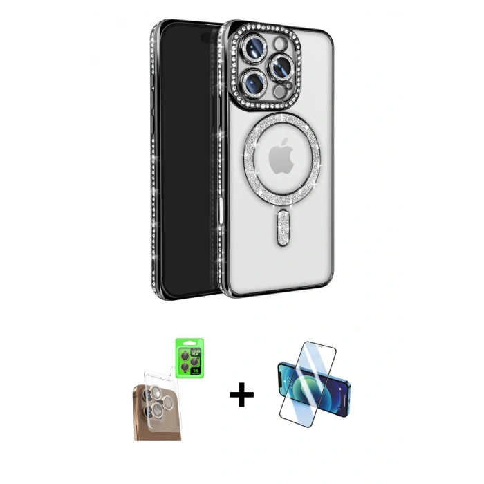 MARSİLYAN™- iPhone 16 Pro Max Kılıf Zirve Doku Prime - Siyah 3D Antistatik Cam Ekran Koruyucu + Raze Metal Kamera Lens - CLTM