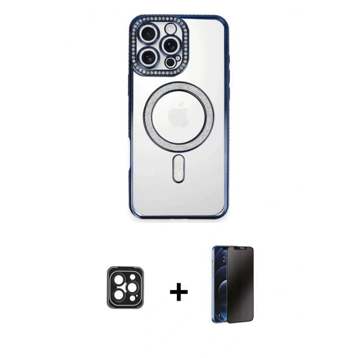 MARSİLYAN™- iPhone 16 Pro Max Kılıf Zirve Doku Prime - Siyah 3D Antistatik Hayalet Cam Ekran Koruyucu + PVD Metal Kamera Lens - SH