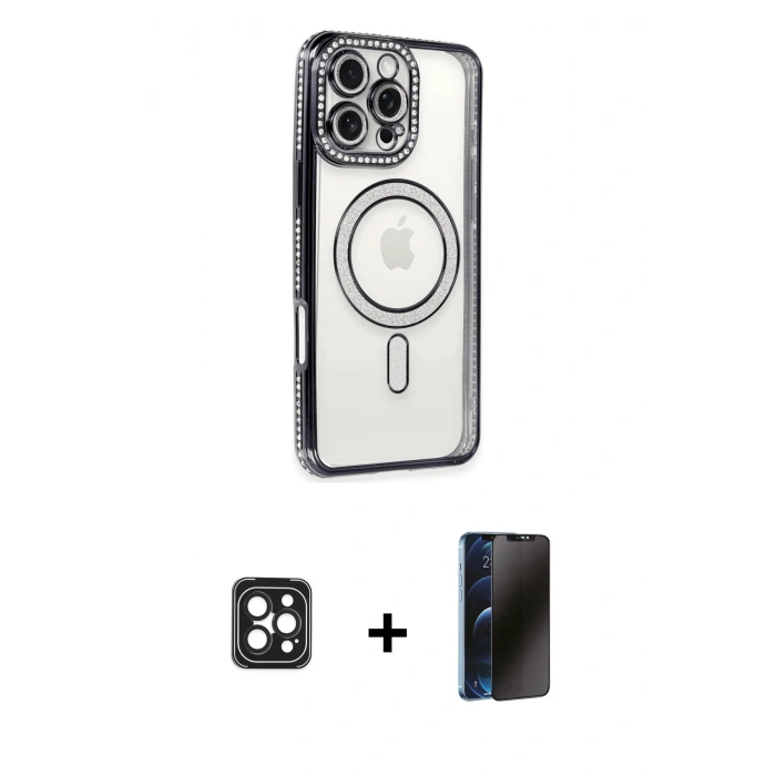 MARSİLYAN™- iPhone 16 Pro Max Kılıf Zirve Doku Prime - Siyah 3D Antistatik Hayalet Cam Ekran Koruyucu + PVD Metal Kamera Lens - SH