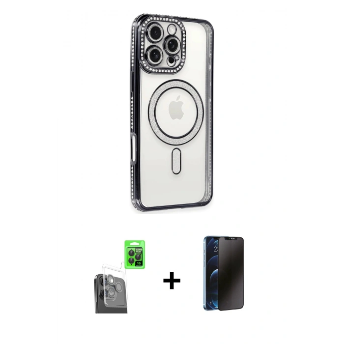 MARSİLYAN™- iPhone 16 Pro Max Kılıf Zirve Doku Prime - Siyah 3D Antistatik Hayalet Cam Ekran Koruyucu + Raze Metal Kamera Lens - SH