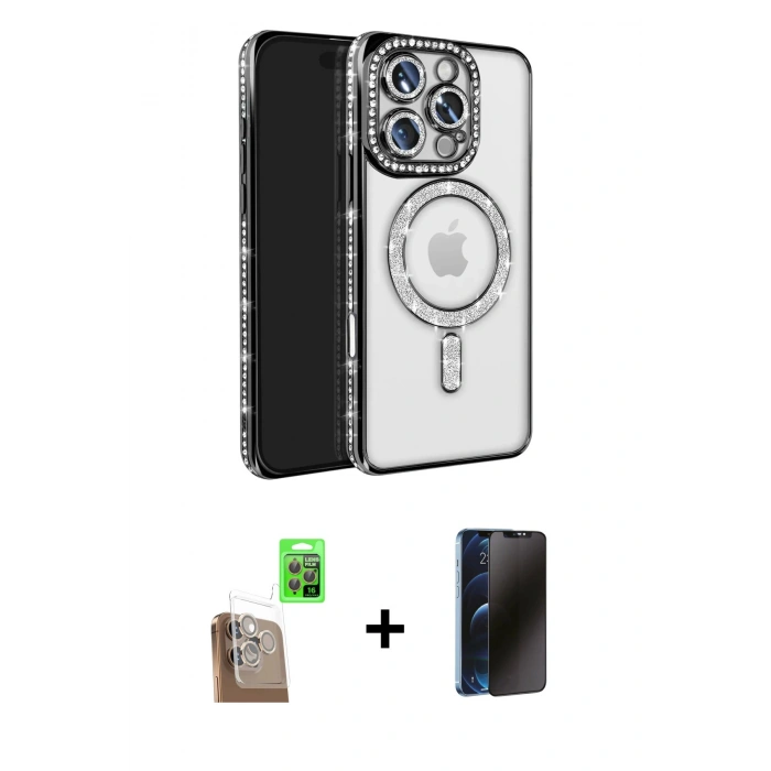MARSİLYAN™- iPhone 16 Pro Max Kılıf Zirve Doku Prime - Siyah 3D Antistatik Hayalet Cam Ekran Koruyucu + Raze Metal Kamera Lens - CLTM