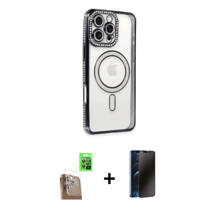 MARSİLYAN™- iPhone 16 Pro Max Kılıf Zirve Doku Prime - Siyah 3D Antistatik Hayalet Cam Ekran Koruyucu + Raze Metal Kamera Lens - CLTM
