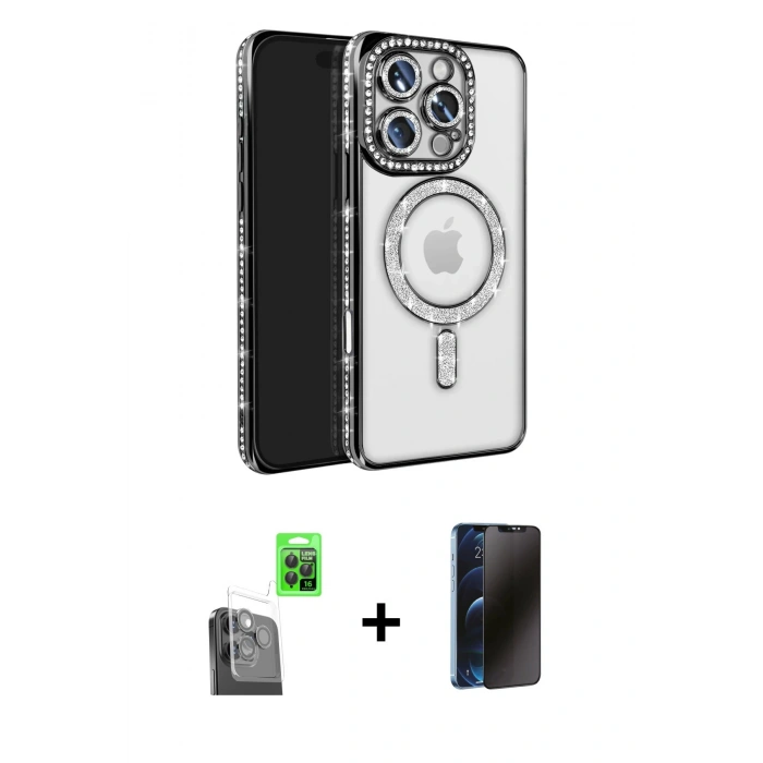 MARSİLYAN™- iPhone 16 Pro Max Kılıf Zirve Doku Prime - Siyah 3D Antistatik Hayalet Cam Ekran Koruyucu + Raze Metal Kamera Lens - SH