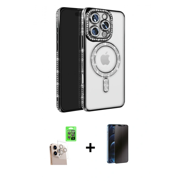MARSİLYAN™- iPhone 16 Pro Max Kılıf Zirve Doku Prime - Siyah 3D Antistatik Hayalet Cam Ekran Koruyucu + Raze Metal Kamera Lens - NLGY