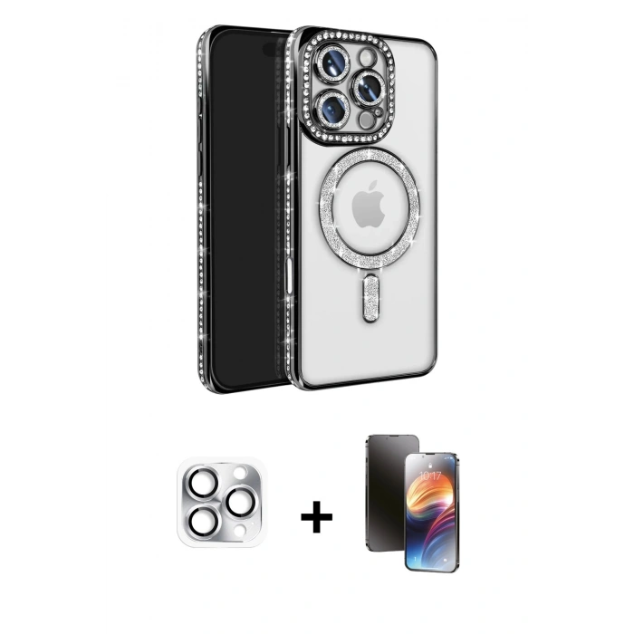 MARSİLYAN™- iPhone 16 Pro Max Kılıf Zirve Doku Prime - Siyah 3D Antistatik Mat Seramik Nano Ekran Koruyucu + Pers Alüminyum Kamera Lens - GS