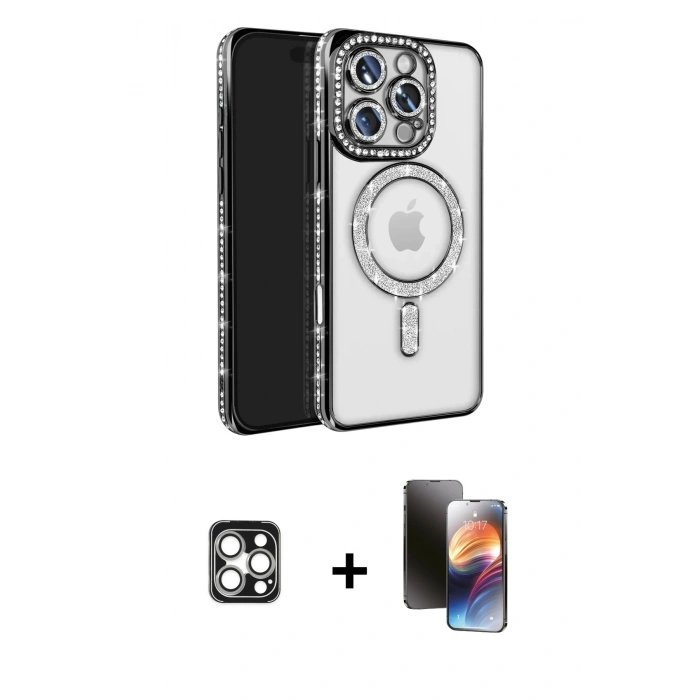 MARSİLYAN™- iPhone 16 Pro Max Kılıf Zirve Doku Prime - Siyah 3D Antistatik Mat Seramik Nano Ekran Koruyucu + PVD Metal Kamera Lens - GS