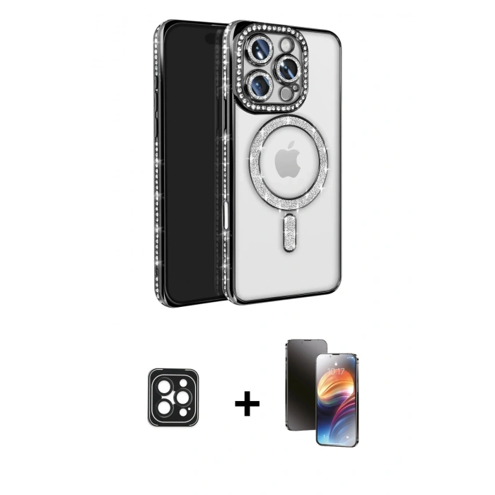 MARSİLYAN™- iPhone 16 Pro Max Kılıf Zirve Doku Prime - Siyah 3D Antistatik Mat Seramik Nano Ekran Koruyucu + PVD Metal Kamera Lens - SH