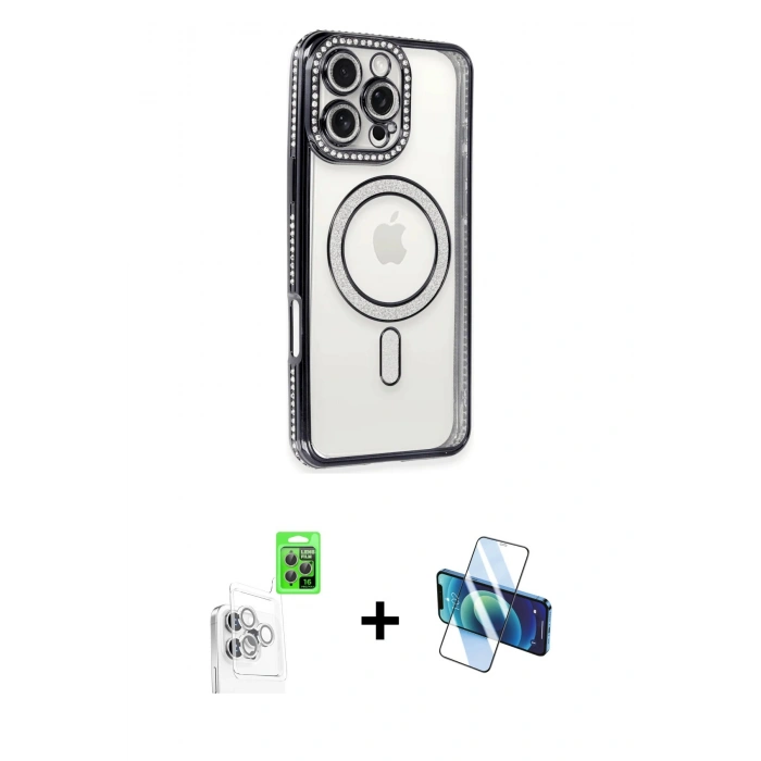 MARSİLYAN™- iPhone 16 Pro Max Kılıf Zirve Doku Prime - Siyah 3D Antistatik Seramik Nano Ekran Koruyucu + Beyaz Raze Metal Kamera Lens