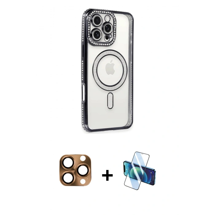 MARSİLYAN™- iPhone 16 Pro Max Kılıf Zirve Doku Prime - Siyah 3D Antistatik Seramik Nano Ekran Koruyucu + Pers Alüminyum Kamera Lens - CLTM