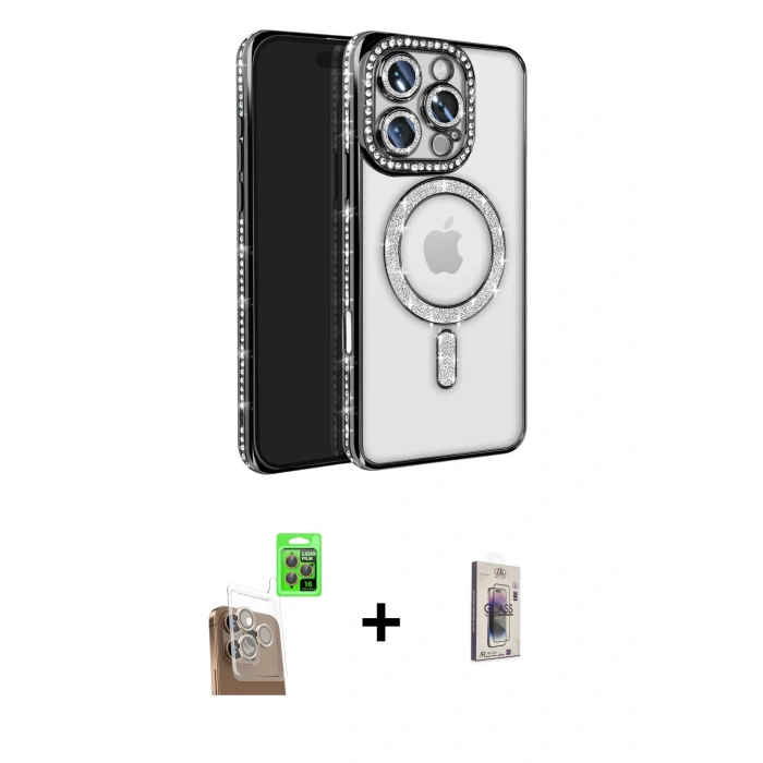 MARSİLYAN™- iPhone 16 Pro Max Kılıf Zirve Doku Prime - Siyah Bilvis 3D Cam Ekran Koruyucu + Raze Metal Kamera Lens - CLTM