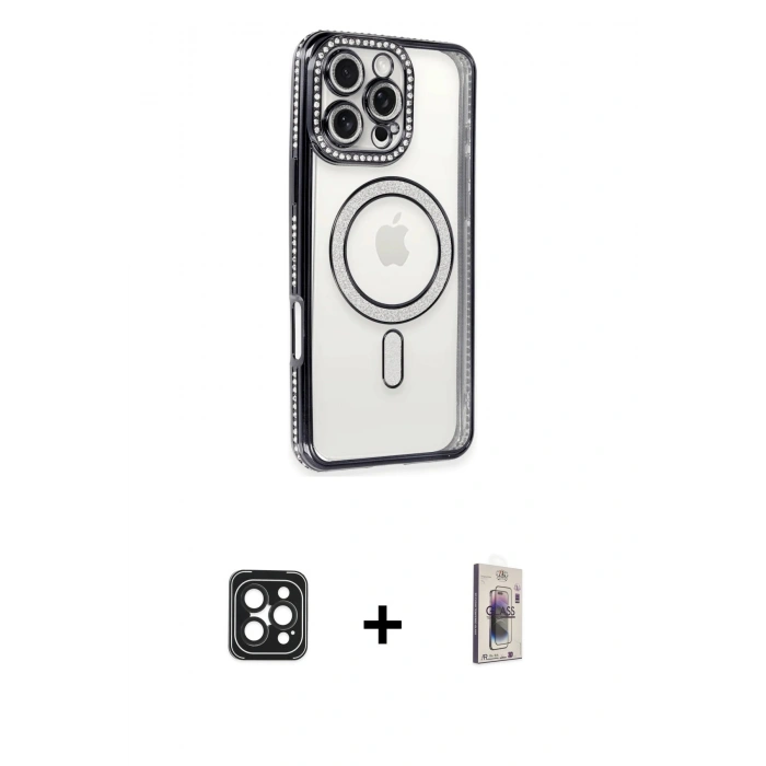 MARSİLYAN™- iPhone 16 Pro Max Kılıf Zirve Doku Prime - Siyah Bilvis 3D Cam Ekran Koruyucu + Siyah PVD Metal Kamera Lens