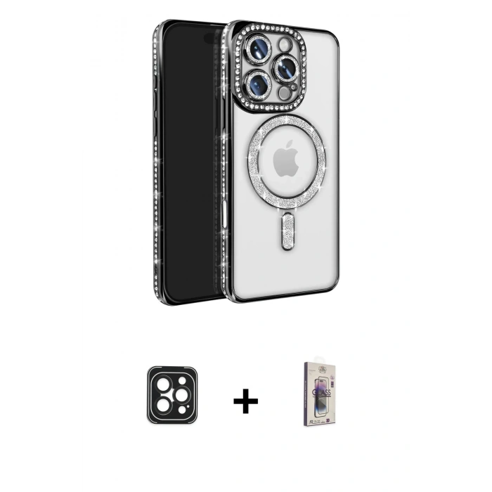 MARSİLYAN™- iPhone 16 Pro Max Kılıf Zirve Doku Prime - Siyah Bilvis 3D Cam Ekran Koruyucu + Siyah PVD Metal Kamera Lens