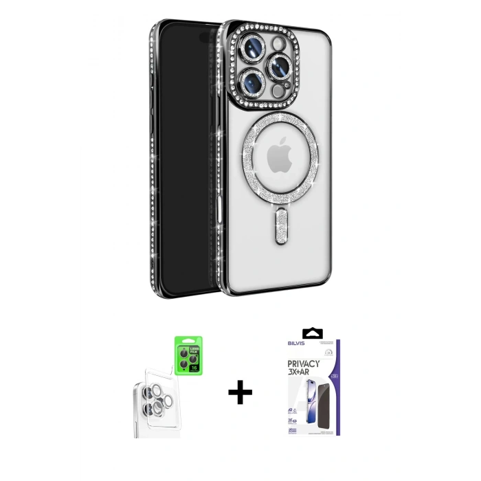 MARSİLYAN™- iPhone 16 Pro Max Kılıf Zirve Doku Prime - Siyah Bilvis 3X AR Hayalet Cam Ekran Koruyucu + Raze Metal Kamera Lens - BZ