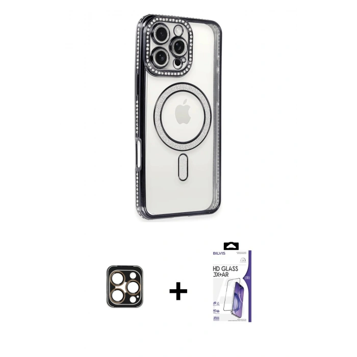 MARSİLYAN™- iPhone 16 Pro Max Kılıf Zirve Doku Prime - Siyah Bilvis 3X AR HD Cam Ekran Koruyucu + PVD Metal Kamera Lens - GD