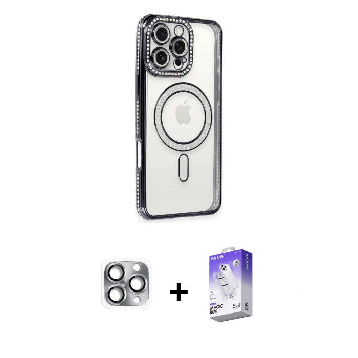 MARSİLYAN™- iPhone 16 Pro Max Kılıf Zirve Doku Prime - Siyah Bilvis 5in1 3D Magic Cam Ekran Koruyucu + Gri Pers Alüminyum Kamera Lens