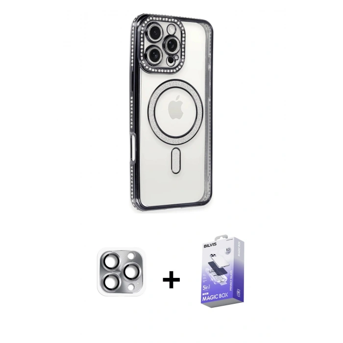 MARSİLYAN™- iPhone 16 Pro Max Kılıf Zirve Doku Prime - Siyah Bilvis 5in1 5D Magic Hayalet Cam Ekran Koruyucu + Pers Alüminyum Kamera Lens - GI