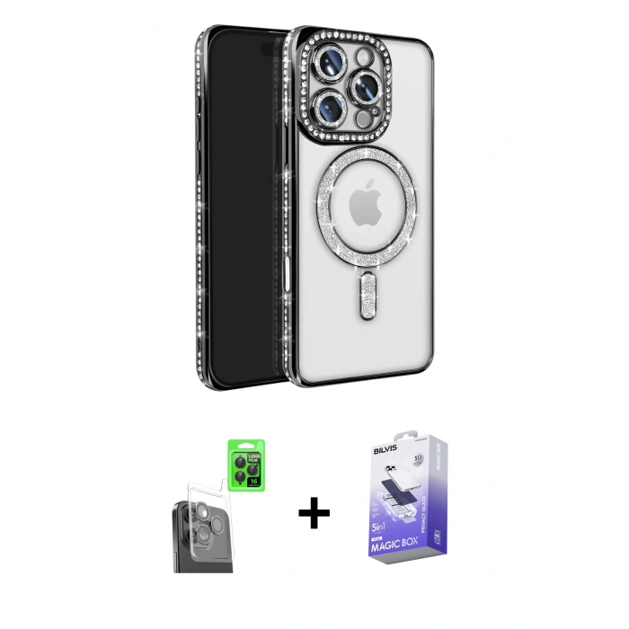 MARSİLYAN™- iPhone 16 Pro Max Kılıf Zirve Doku Prime - Siyah Bilvis 5in1 5D Magic Hayalet Cam Ekran Koruyucu + Raze Metal Kamera Lens - SH