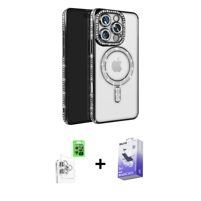 MARSİLYAN™- iPhone 16 Pro Max Kılıf Zirve Doku Prime - Siyah Bilvis 5in1 5D Magic Hayalet Cam Ekran Koruyucu + Raze Metal Kamera Lens - BZ