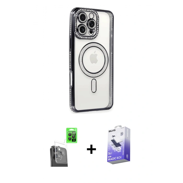 MARSİLYAN™- iPhone 16 Pro Max Kılıf Zirve Doku Prime - Siyah Bilvis 5in1 5D Magic Hayalet Cam Ekran Koruyucu + Raze Metal Kamera Lens - SH