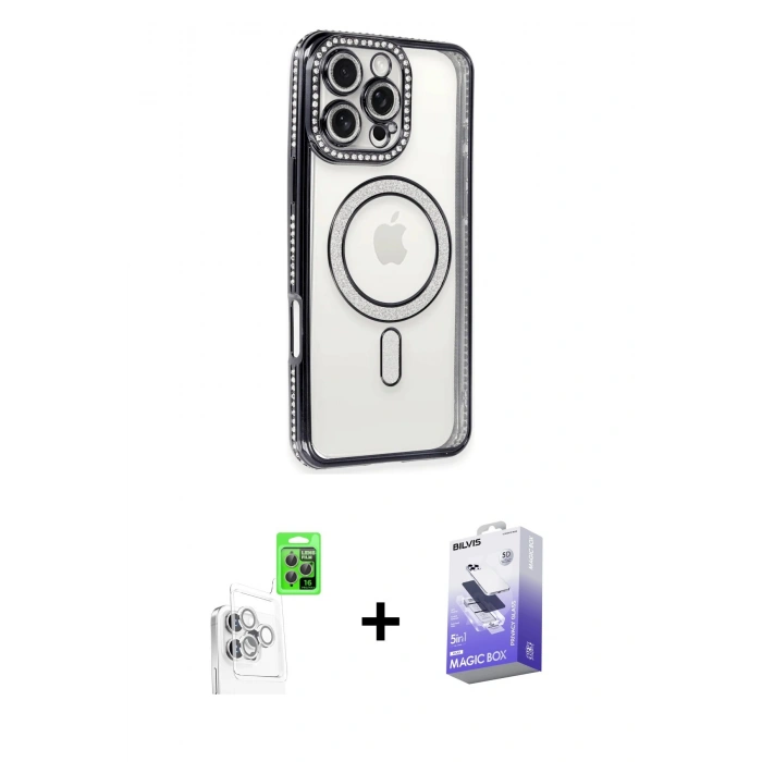 MARSİLYAN™- iPhone 16 Pro Max Kılıf Zirve Doku Prime - Siyah Bilvis 5in1 5D Magic Hayalet Cam Ekran Koruyucu + Raze Metal Kamera Lens - BZ