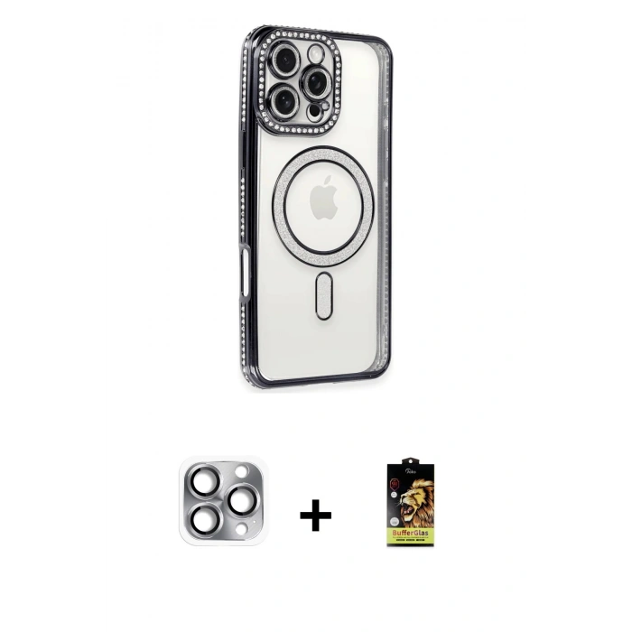 MARSİLYAN™- iPhone 16 Pro Max Kılıf Zirve Doku Prime - Siyah Buffer Cam Ekran Koruyucu + Pers Alüminyum Kamera Lens - GI