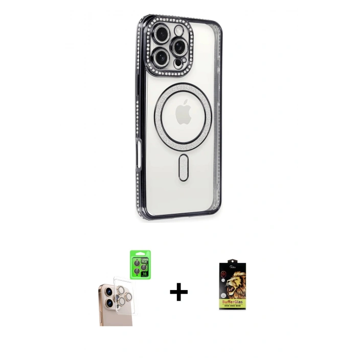 MARSİLYAN™- iPhone 16 Pro Max Kılıf Zirve Doku Prime - Siyah Buffer Cam Ekran Koruyucu + Natural Grey Raze Metal Kamera Lens