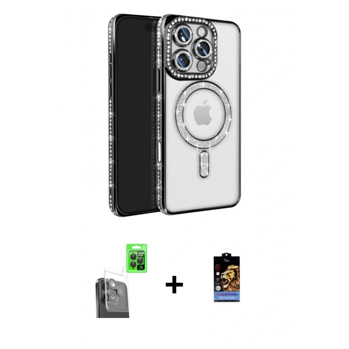 MARSİLYAN™- iPhone 16 Pro Max Kılıf Zirve Doku Prime - Siyah Buffer Hayalet Cam Ekran Koruyucu + Siyah Raze Metal Kamera Lens