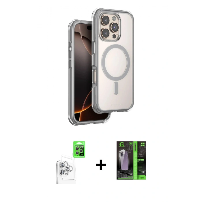MARSİLYAN™- iPhone 16 Pro Max Kılıf Zirve Klasik Prime - Şeffaf 360 Full Body Arka Koruyucu + Beyaz Raze Metal Kamera Lens