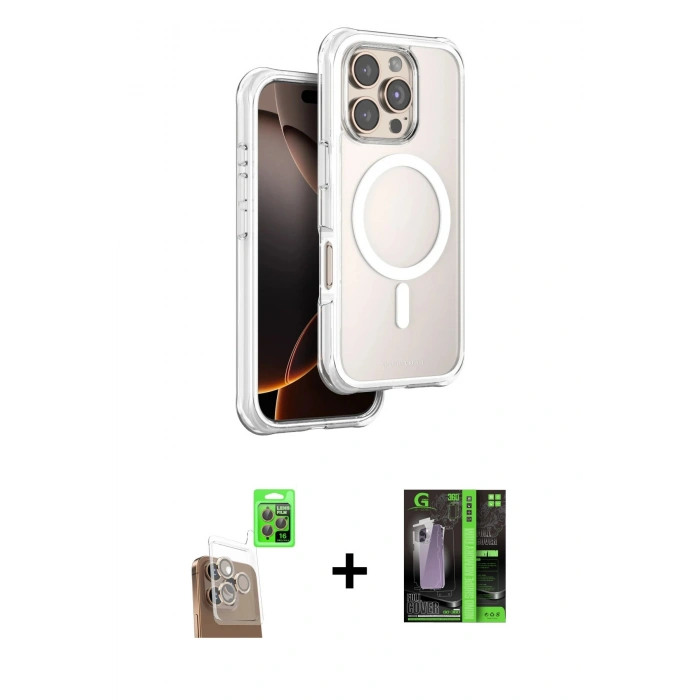 MARSİLYAN™- iPhone 16 Pro Max Kılıf Zirve Klasik Prime - Şeffaf 360 Full Body Arka Koruyucu + Raze Metal Kamera Lens - CLTM