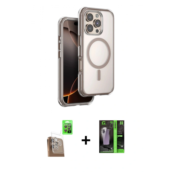 MARSİLYAN™- iPhone 16 Pro Max Kılıf Zirve Klasik Prime - Şeffaf 360 Full Body Arka Koruyucu + Raze Metal Kamera Lens - CLTM