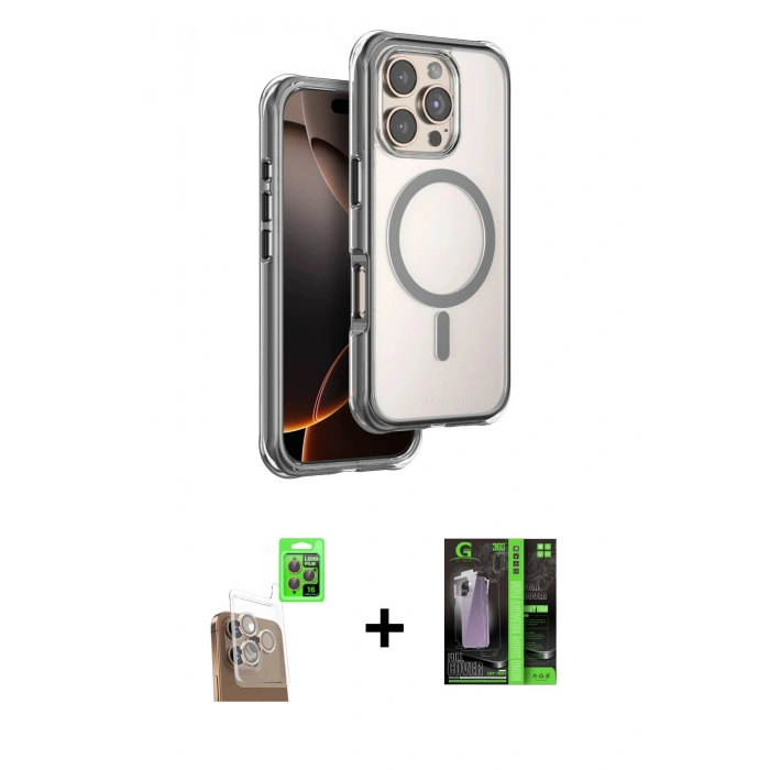 MARSİLYAN™- iPhone 16 Pro Max Kılıf Zirve Klasik Prime - Şeffaf 360 Full Body Arka Koruyucu + Raze Metal Kamera Lens - CLTM