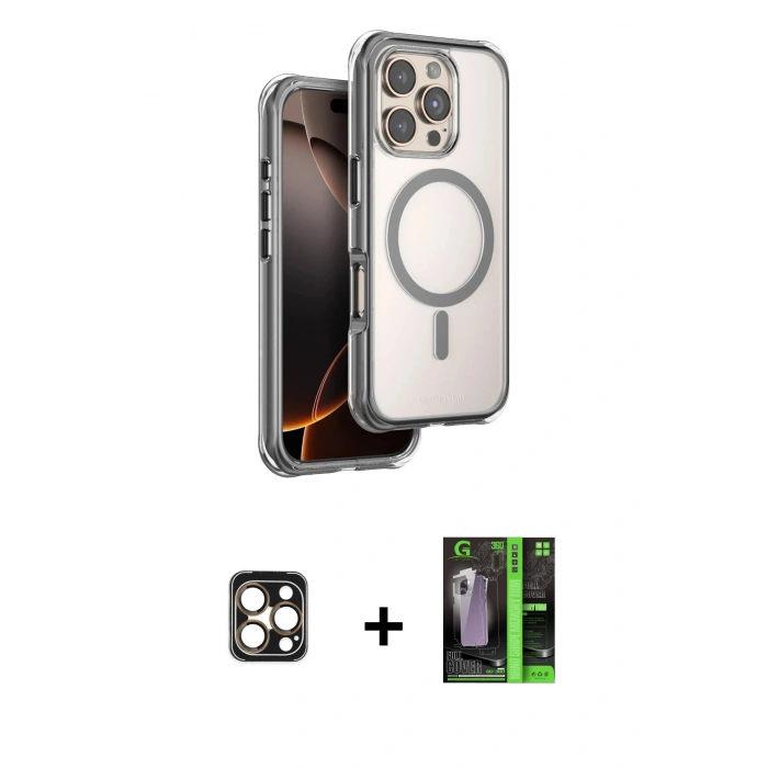 MARSİLYAN™- iPhone 16 Pro Max Kılıf Zirve Klasik Prime - Şeffaf 360 Full Body Arka Koruyucu + PVD Metal Kamera Lens - GD