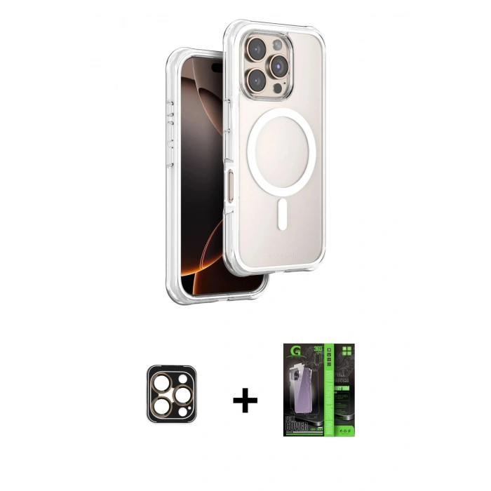 MARSİLYAN™- iPhone 16 Pro Max Kılıf Zirve Klasik Prime - Şeffaf 360 Full Body Arka Koruyucu + PVD Metal Kamera Lens - GD