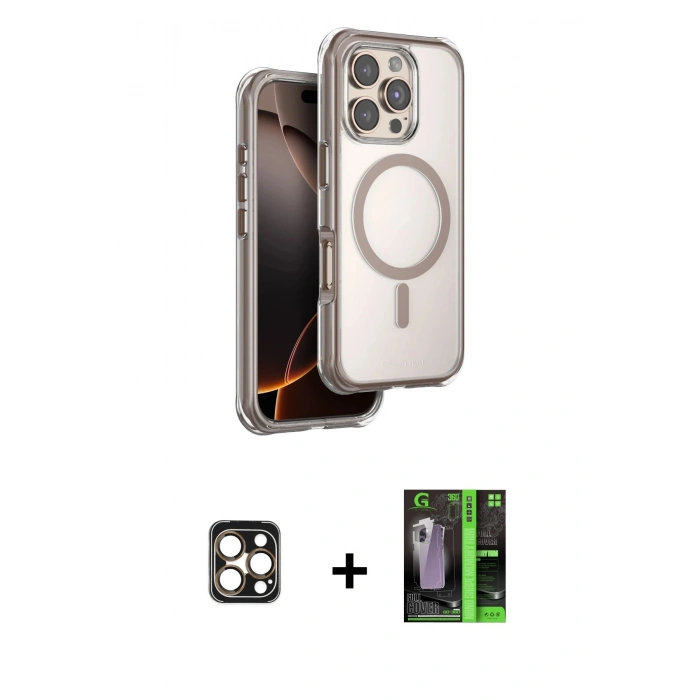 MARSİLYAN™- iPhone 16 Pro Max Kılıf Zirve Klasik Prime - Şeffaf 360 Full Body Arka Koruyucu + PVD Metal Kamera Lens - GD