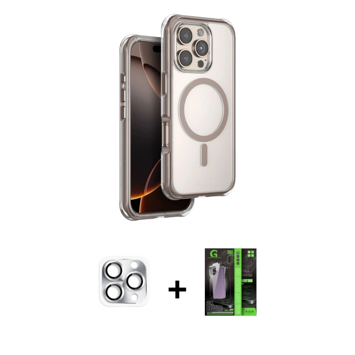 MARSİLYAN™- iPhone 16 Pro Max Kılıf Zirve Klasik Prime - Şeffaf 360 Full Body Arka Koruyucu + Pers Alüminyum Kamera Lens - GS