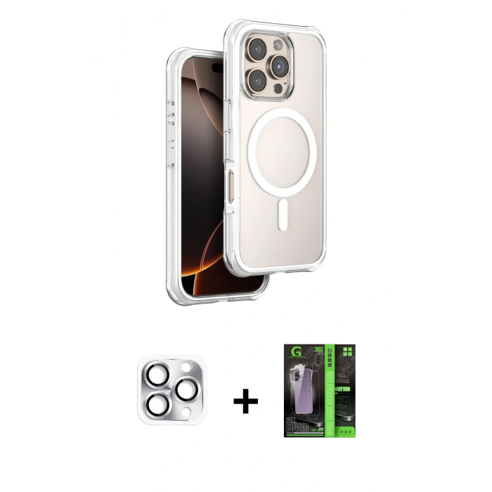 MARSİLYAN™- iPhone 16 Pro Max Kılıf Zirve Klasik Prime - Şeffaf 360 Full Body Arka Koruyucu + Pers Alüminyum Kamera Lens - GS