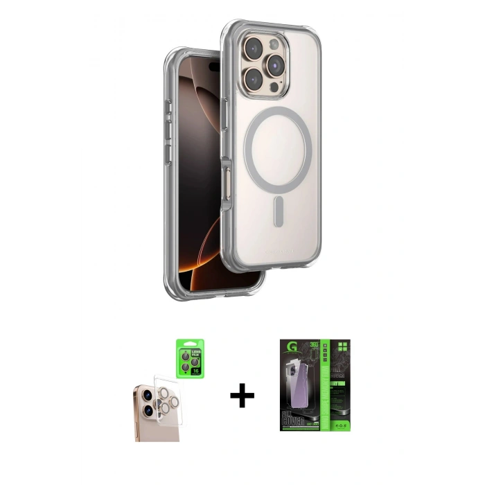 MARSİLYAN™- iPhone 16 Pro Max Kılıf Zirve Klasik Prime - Şeffaf 360 Full Body Arka Koruyucu + Raze Metal Kamera Lens - NLGY