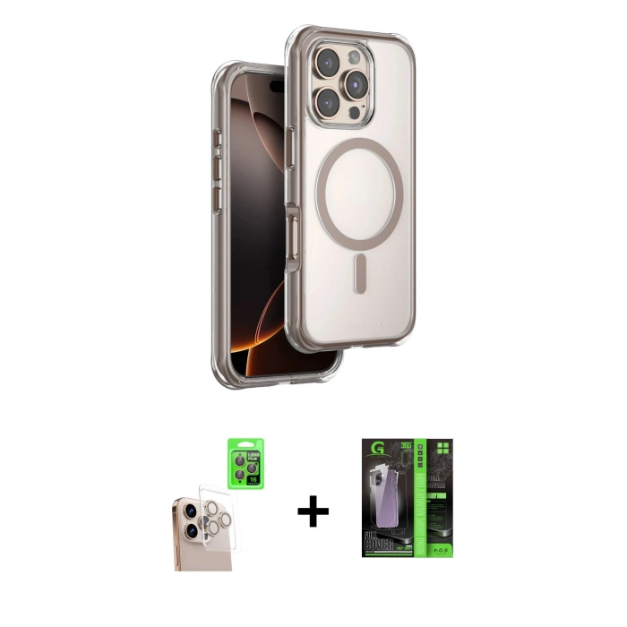 MARSİLYAN™- iPhone 16 Pro Max Kılıf Zirve Klasik Prime - Şeffaf 360 Full Body Arka Koruyucu + Raze Metal Kamera Lens - NLGY