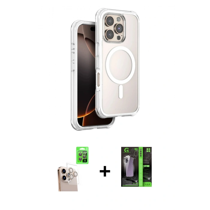 MARSİLYAN™- iPhone 16 Pro Max Kılıf Zirve Klasik Prime - Şeffaf 360 Full Body Arka Koruyucu + Raze Metal Kamera Lens - NLGY