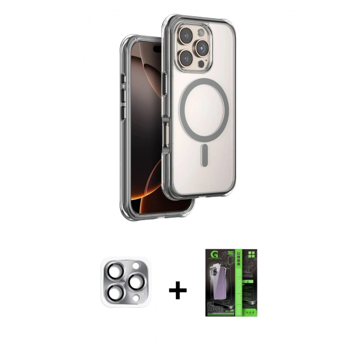 MARSİLYAN™- iPhone 16 Pro Max Kılıf Zirve Klasik Prime - Şeffaf 360 Full Body Arka Koruyucu + Pers Alüminyum Kamera Lens - GI