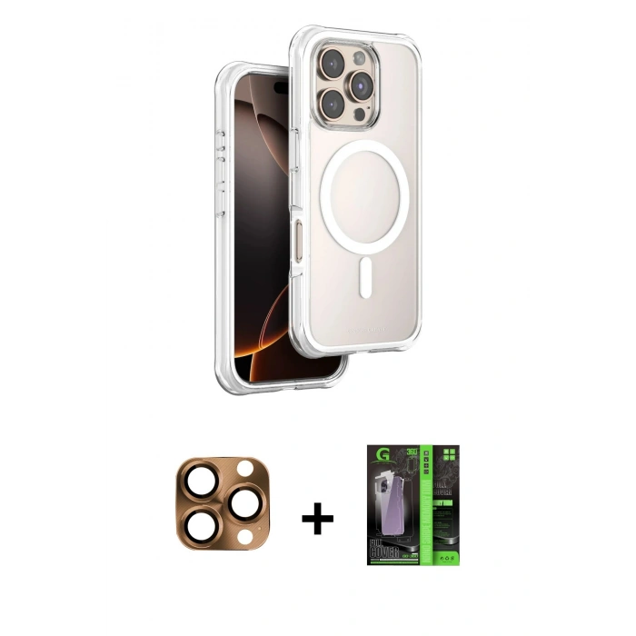 MARSİLYAN™- iPhone 16 Pro Max Kılıf Zirve Klasik Prime - Şeffaf 360 Full Body Arka Koruyucu + Pers Alüminyum Kamera Lens - CLTM