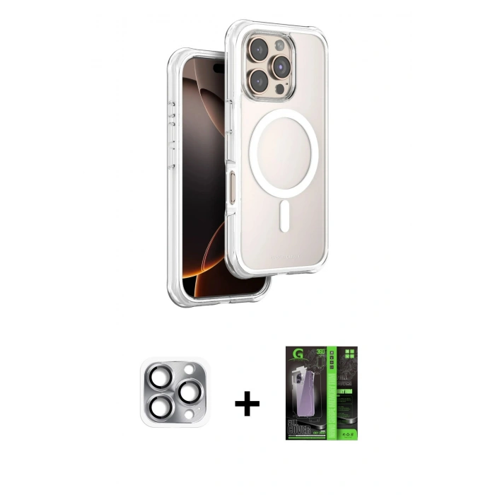 MARSİLYAN™- iPhone 16 Pro Max Kılıf Zirve Klasik Prime - Şeffaf 360 Full Body Arka Koruyucu + Pers Alüminyum Kamera Lens - GI
