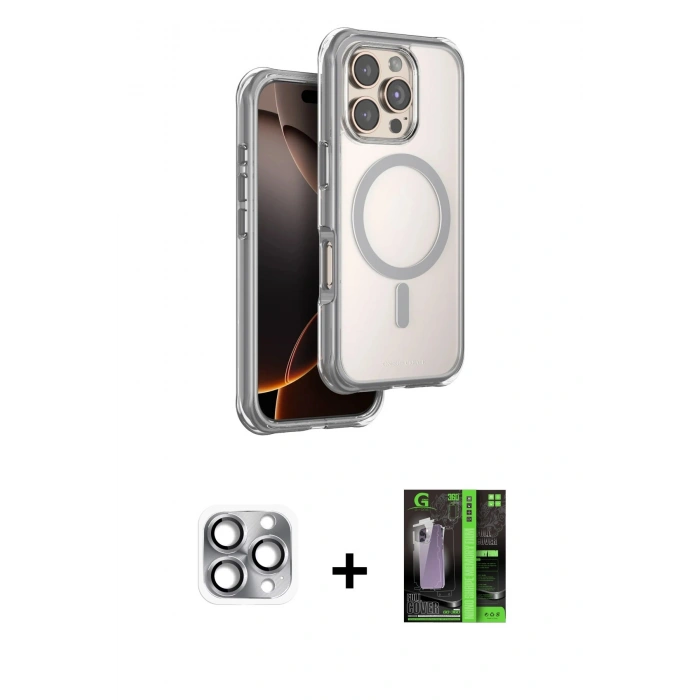 MARSİLYAN™- iPhone 16 Pro Max Kılıf Zirve Klasik Prime - Şeffaf 360 Full Body Arka Koruyucu + Pers Alüminyum Kamera Lens - GI