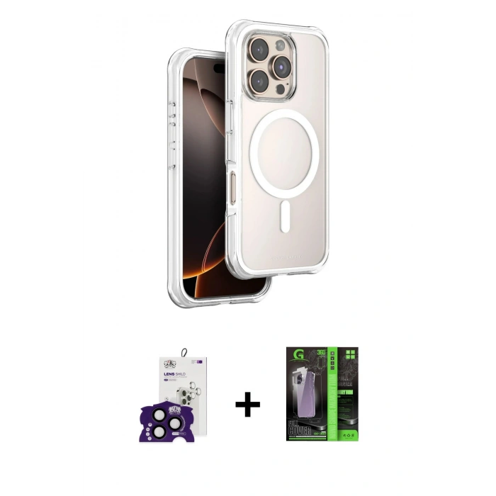 MARSİLYAN™- iPhone 16 Pro Max Kılıf Zirve Klasik Prime - Şeffaf 360 Full Body Arka Koruyucu + Siyah Bilvis Titan Kamera Lens